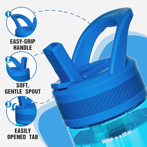 OLDLEY 20oz Kids Water Bottle with Straw, BPA-Free Tritan Water Bottle for School, Leakproof Clear Water Bottle with One Click Open, Measurement Scale, Cup Holder Friendly for Boys Girls,Blue - color: Blue