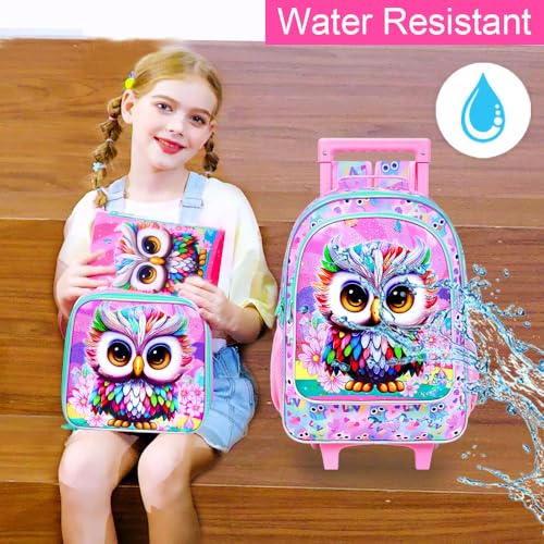 HPJGD 3PCS Owl Rolling Backpack for Girls, Kids School Backpacks with Wheels, Water Resistant UV Printed Roller Wheeled Bookbag Set - color: Glittering UV Priting Owl Pink Rolling Backpack