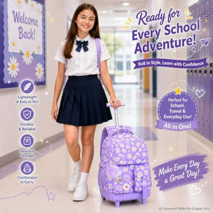 CCJPX Rolling Backpack for Girls, 3Pcs Roller Wheeled School Bookbag, Daisy Wheels Backpacks with Lunch Box for Kids (Purple) - color: Daisy Purple