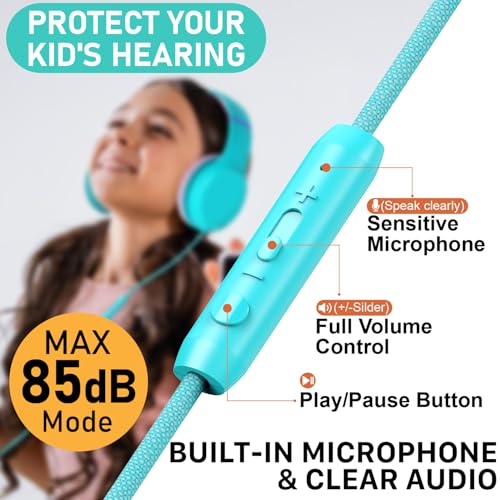 FosPower Kids Headphones with 3.5mm Laced Cables, Children & Teens Over The Ear Foldable Adjustable Headset w/Built-in Mic for Smartphones/PC/Tablet/Laptop/School (Max Volume 85dB) - Mint/Pink - color: 07 - Mint/Pink