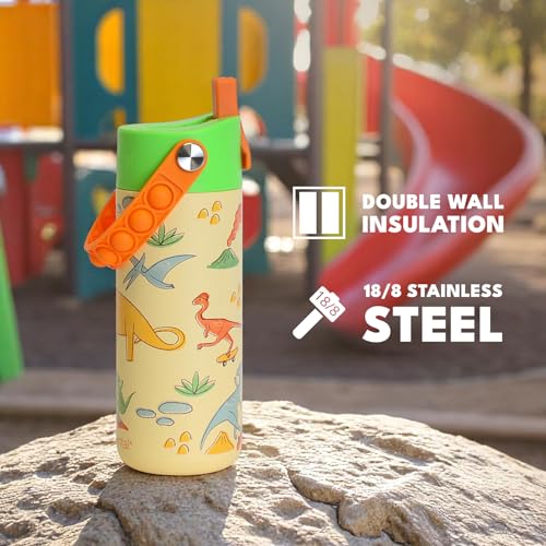 Elemental Insulated Kids Water Bottle, Stainless Steel Water Bottle with Straw Lid & Pop-It Handle, Leak-Proof Water Bottles for School, Boys or Girls, Travelling and Sports, 18oz - Skater Dinos - color: Skater Dinos