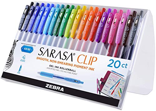 Zebra Pen Sarasa Clip Retractable Gel Pen, 0.5mm Fine Point, Rainbow Assorted Vibrant Ink Color, Water-Based, Ideal for Office and School, Journal, Note Taking and Planner Use, 20-Pack (47220) - color: Assorted Rainbow B