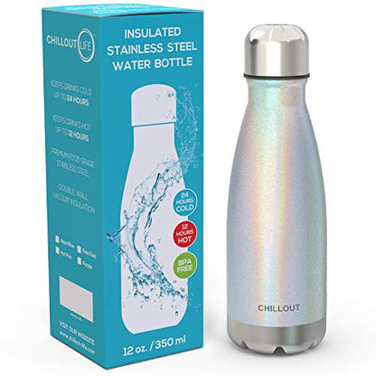 CHILLOUT LIFE 12oz Kids Insulated Stainless Steel Water Bottle, Leak Proof | Small Metal Water Bottle, Keeps Drinks Cold 24H & Hot 12H, Leak-Proof Screw Lid, Perfect for School, Travel & Sports - color: Holographic Sparkle
