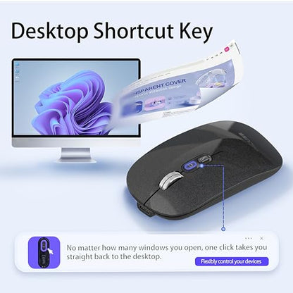 FMOUSE Slim Wireless Mouse, Tri-Mode 2.4G & Bluetooth, Rechargeable – Black | USB-A & USB-C Receiver | Silent Click | One-Key Desktop | Works with Mac, iPad & Laptops | Long-Life Battery | Portable - color: Black