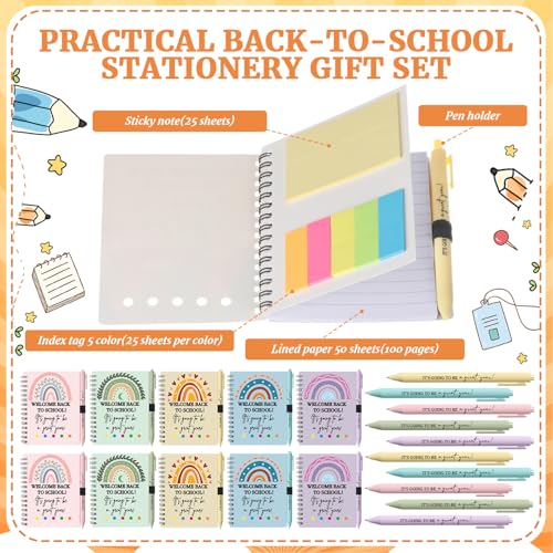 Dunzoom 40 Pcs Welcome Back to School Gifts Bulk Spiral Notebooks with Sticky Notes Motivational Pens First Day of School Notepads Party Favor for Teacher Student Classroom(Rainbow,Pastel) - style: Rainbow