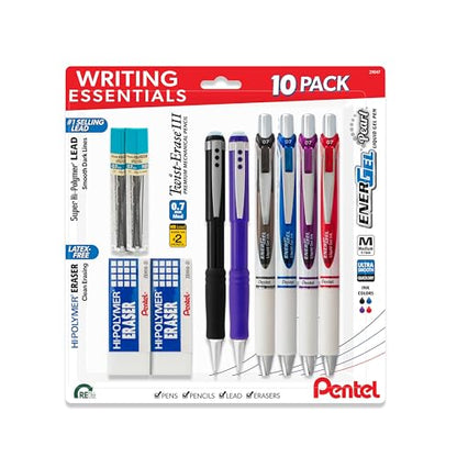 Pentel Writing Essentials 10 pack - 4 EnerGel gel pens, 2 Twist Erase III 0.7mm mechanical pencils, 2 Hi-Polymer block erasers, and 2 Hi-Polymer 0.7mm HB lead
