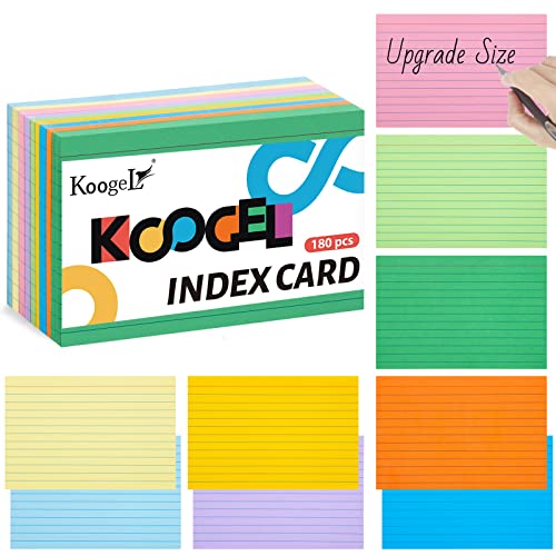 Koogel 180Count Index Cards 4x6Inch, Colored Large Flash Cards for Studying | 9 Assorted Colors, Heavy Notecard Note Taking for School Students Teachers College Office Home Supplies, Classroom Must Haves - size: 4x6, style: Lined