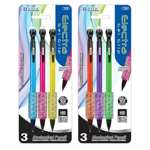 BAZIC PRODUCTS Electra Fashion 0.7 mm Mechanical Pencils, Gel Grip, 2-Set | 0.7 mm HB #2 lead, soft gel grip, assorted colors, refillable, Eraser under cap, comfortable writing - size: 2-Pack