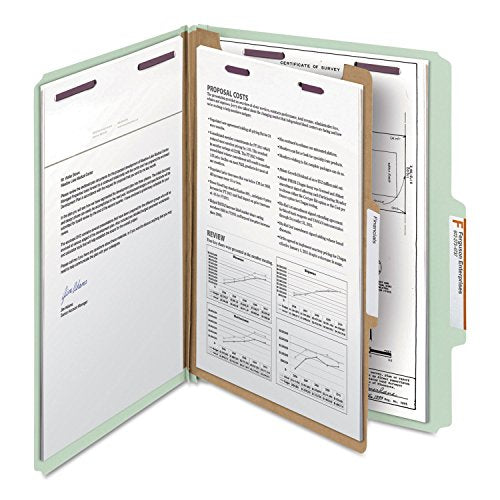 Smead Pressboard Classification File Folder with SafeSHIELD Fasteners, 1 Divider, 2" Expansion, Letter Size, Gray/Green, 10 per Box (13776) - color: Gray/Green