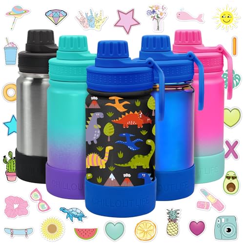 CHILLOUT LIFE 12oz Kids Insulated Stainless Steel Water Bottle with Leak Proof Spout Lid & 144 Stickers - color: Dinosaur, style: 12 oz