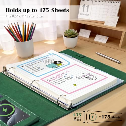 Ospelelf Green Leather 3 Ring Binder 1 Inch Round Ring, Magnetic Clipboard Folio with Storage Zipper Pouch, 5 Dividers with 10 Pockets, Professional Binder for School Office Nursing - color: Green