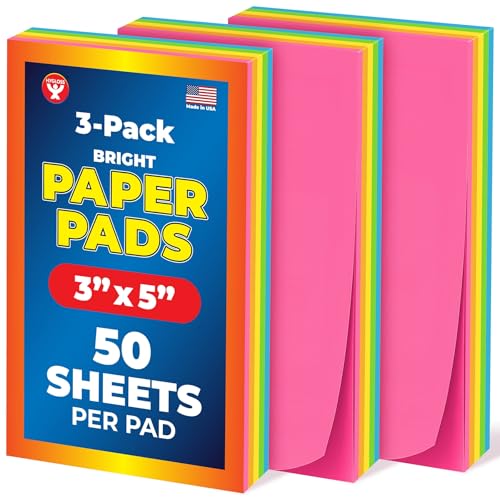 Hygloss 3-Pack Note Paper Pads - 3" x 5" Non-Sticky Memo Pad - 50 Sheets Each - 5 Assorted Bright Colors - Note Pads - Perfect for Office & School Supplies – 150 Sheets Total - color: 5 Assorted Colors, size: 3" x 5", 150 Sheets