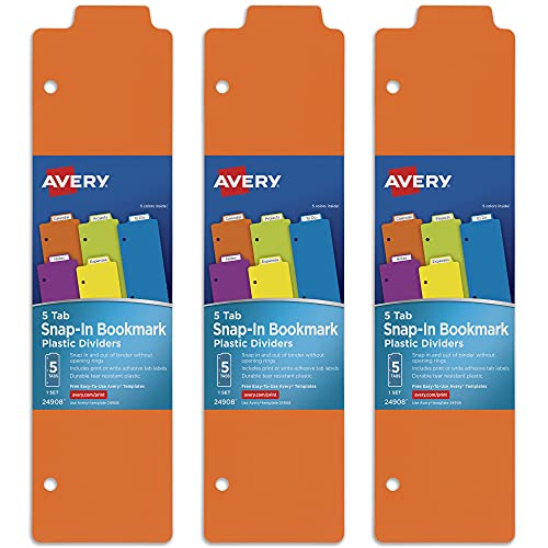 Avery Snap-In Plastic Bookmark Dividers for 3 Ring Binder, White Labels, 1 Assorted Color Set of 5 Tabs, 3 Packs, 15 Page Dividers Total (24908) - style: 3 Sets