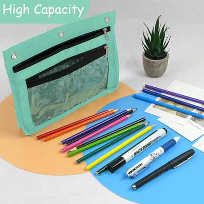 YoeeJob 1 Pack Pencil Pouch for 3 Ring Binder, Expandable Binder Pouches with Zipper, Large Capacity Pen Holder Case with Clear Window School Class Office Organizers, Lake Blue - color: Lake Blue