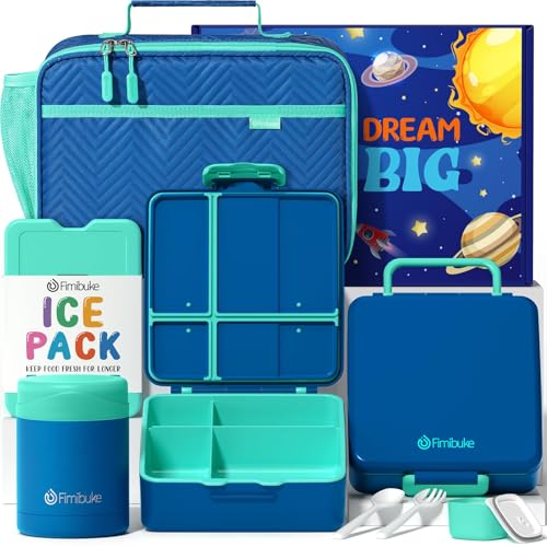 Fimibuke Kids Bento Snack Lunch Box with Thermo Insulated Toddler Lunch Bag | Lunch Box Kids with 4 Compartment, Food Jar, Ice Pack, Utensils, Birthday Gifts for Ages 3-12 Back to School Toddler Girl Boy - color: B1.Ink Blue