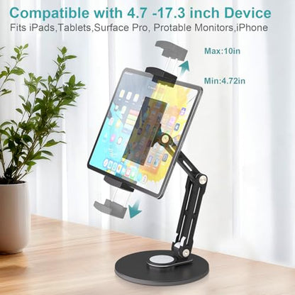 Adjustable iPad Stand,360 °Rotation iPad Heavy-Duty Base Mount ,Aluminum Alloy Foldable Tablet Holder for 4.7-17.3" iPhone /iPad Pro/Tablet/Portable Monitor, Mic Clip Screw Adapters for Microphones