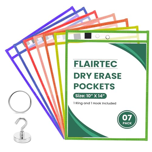 7-Pack Dry Erase Pockets – 10x14 Heavy Duty Sleeves with Cloth Binding – Fits 8.5x11 or 9x12 Worksheets – Includes 1 Ring and 1 Hook – Classroom and Office Use - style: MultiColor (7 Pack)