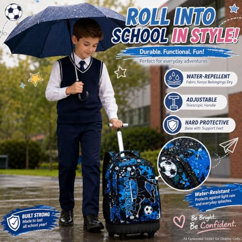 gxtvo Kids Rolling Backpack for Boys, Men Wheeled Bookbag with Lunch Box for Adults, Water Resistant Roller School Bag for College Teens Kids Travel - Blue Soccer - color: Rolling Backpack Shot Football Blue