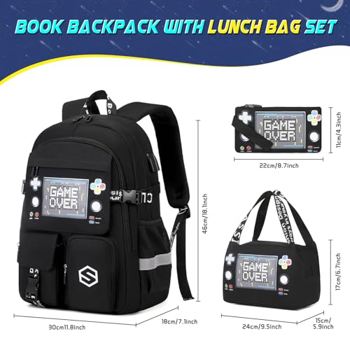 Scothen Boys Backpack, Cool Luminous School Backpacks for Boys with Lunch Bag Pencil Case, Kids Backpack Kindergarten Elementary Middle School Book Bags for Teen Boy Children with USB Charging Port - color: Black