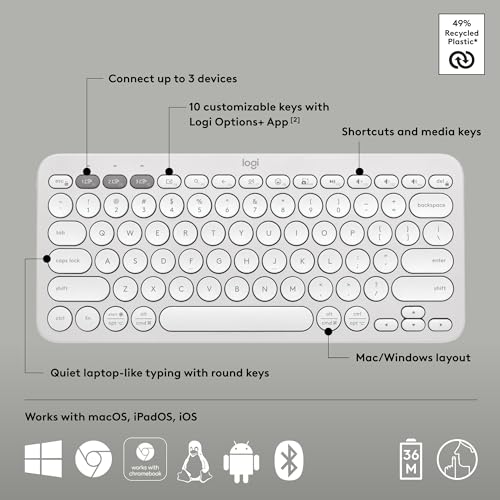 Logitech Pebble Keys 2 K380s, Multi-Device Bluetooth Wireless Keyboard with Customizable Shortcuts, Slim and Portable, Easy-Switch for Windows, macOS, iPadOS, Android, Chrome OS - Tonal White - color: White