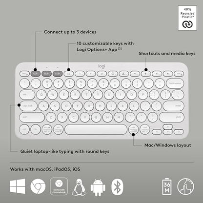 Logitech Pebble Keys 2 K380s, Multi-Device Bluetooth Wireless Keyboard with Customizable Shortcuts, Slim and Portable, Easy-Switch for Windows, macOS, iPadOS, Android, Chrome OS - Tonal White - color: White