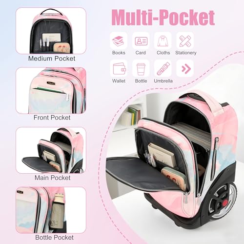 NEW TILAMI 19 Inch Rolling Backpack with Lunch Bag for Girls Boys Wheeled Laptop Backpack Durable Carry-on Bag School Travel, Pink - color: Pink