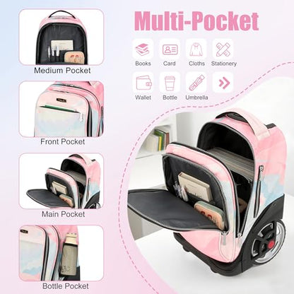 NEW TILAMI 19 Inch Rolling Backpack with Lunch Bag for Girls Boys Wheeled Laptop Backpack Durable Carry-on Bag School Travel, Pink - color: Pink
