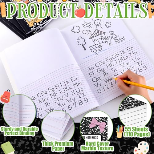 Gueevin 6 Pack Black Marble Primary Composition Notebook with Picture Space Bulk for Grades K-2 110 Page 8.5 X11'' Half Primary Journal K-2 Drawing Story for Back to School First Day of School - style: Marble