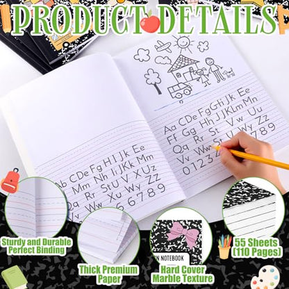 Gueevin 6 Pack Black Marble Primary Composition Notebook with Picture Space Bulk for Grades K-2 110 Page 8.5 X11'' Half Primary Journal K-2 Drawing Story for Back to School First Day of School - style: Marble
