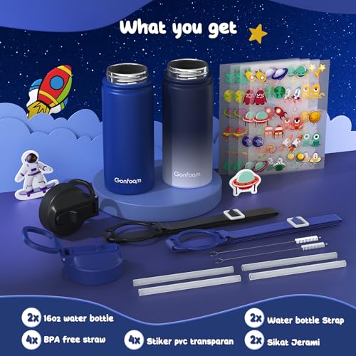 Gonfoam 16oz Kids Water Bottle, 2 Pack Stainless Steel Insulated Cup | DIY Stickers, BPA-free, Leak-proof, Sturdy, Keeps Cold 24h, Easy to Carry, Easy to Clean, Back to School, Gifts - color: Sapphire+Gray