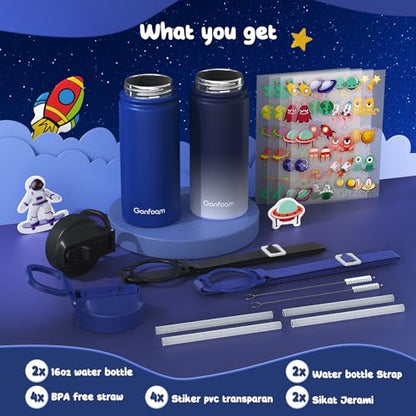 Gonfoam 16oz Kids Water Bottle, 2 Pack Stainless Steel Insulated Cup | DIY Stickers, BPA-free, Leak-proof, Sturdy, Keeps Cold 24h, Easy to Carry, Easy to Clean, Back to School, Gifts - color: Sapphire+Gray