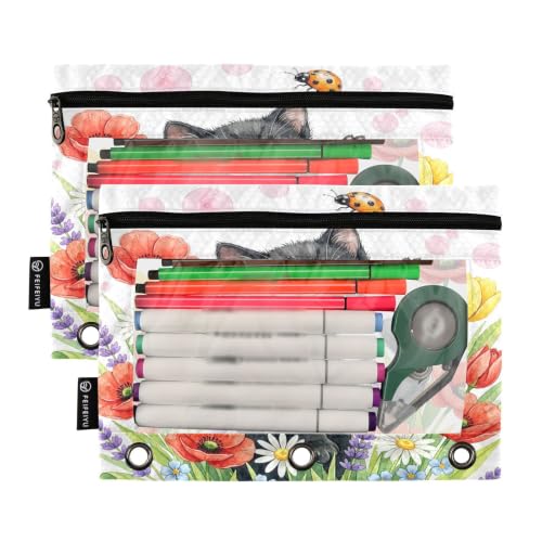 Gredecor 3 Ring Binder Pencil Pouch, Black Kitten Ladybug Poppy Zippered Pen Case Pouches with Clear Window, 2 Pack Stylish Office & School Supplie - color: Black Kitten Ladybug Poppy