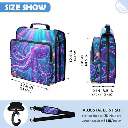 Octopus 2-inch 3 Ring Zipper Binder with Shoulder Strap Holds 14 Inch Laptop for Students and Office - color: Glowing Octopus