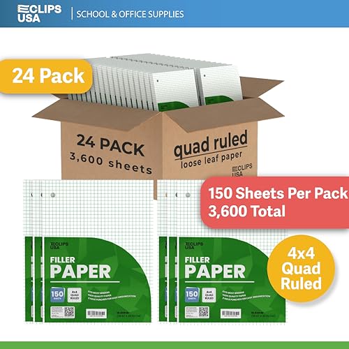 Graph Paper Loose Leaf Paper Quad Ruled Notebook Paper Quad Ruled 4” x 4” Square Lined Writing Filler Paper 10.5” x 8” 3600 Sheets 150 Sheets Per Pack 60 gsm (24 Pack) - size: 24 Pack