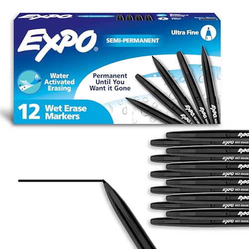 EXPO Wet Erase Markers, Semi-Permanent, Black, Ultra Fine Tip, 12 Count - For Writing on Glass, Whiteboards, Mirrors, Calendar, Labeling, Organizing - size: 12 Count