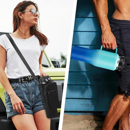 32oz Insulated Water Bottle - with Straw & Spout Lid, Strap Carrier Bag, Cold-48H & Hot-24H, Stainless Steel Travel Tumblers with Handle, Reusable Slim Water Bottle that Fits in Cup Holder - color: Mint&Cobalt, size: 32 ounces with handle