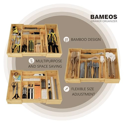 BAMEOS 3.9inch Tall Bamboo Drawer Organizer, Expandable Utensil Holder with 8 Compartments, Adjustable Kitchen Drawer Divider for Flatware, Silverware and Gadgets, Deep Storage for Home and Office - size: 3.9''H 22X16