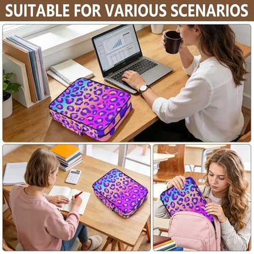 Neon Gradient Leopard Print Accordion File Organizer Expanding File Folder Zipper Binder 3 Ring with Handle 500 Sheets Capacity Document Organizer Storage Bag Multi Pockets Design