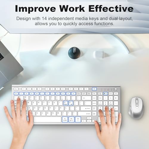 FENIFOX Wireless Keyboard and Mouse, Rechargeable USB C Combo Silent Quiet Compact Full Size Flat with Number Pad Soft Cover for Mac MacBook iMac Windows PC Laptop Computer Office - White & Silver - color: Silver