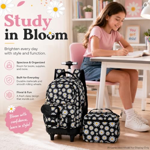 CCJPX Rolling Backpack for Girls, 3Pcs Roller Wheeled School Bookbag, Daisy Wheels Backpacks with Lunch Box for Kids (Black) - color: Daisy Black
