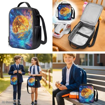 Cool Basketball Backpack for Boys Girls Kids Backpack with Lunch Box and Water Bottle Holder Large Pencil Case 4PCS Set Bookbag with Front Pocket for School Teens 17 inch School Bag Gifts - color: Cool Basketball
