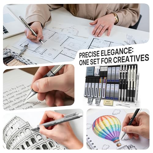 WUO 36PCS Art Mechanical Pencil Set with Storage Case, Metal Drawing Pencil | 0.5, 0.7, 0.9mm & 3PCS 2mm (2H HB 2B 4B Color) & 432 Lead Refills, 1 Eraser Pen, Artist Tech Pencils for Sketching, Drafting