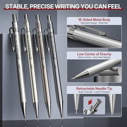 WUO 0.9mm Mechanical Pencil Set with Eraser Pen, 4PCS Metal Mechanical Pencils, 480 HB Lead Refills, 3PCS 4B Erasers, 10PCS Eraser Refills for Writing, Drafting, Drawing & Sketching