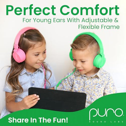 Puro Sound Labs Kids Wired Headphones – Volume-Limiting & Adjustable, Safer & Comfortable Headphones for Kids – Compatible with PCs, Smartphones & Tablets, Ideal for School & Travel – PuroBasic, Green - color: Green