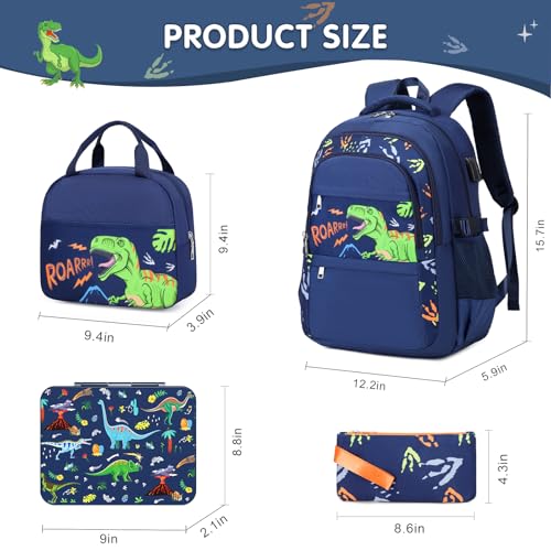 ACESAK Boys Backpack - Dinosaur Bento Box with Insulated Lunch Bag Pencil Case & Utensils Set for Kids, 6 Leakproof Compartments Removable Tray Lunches or Snack Container - color: Dinosaur