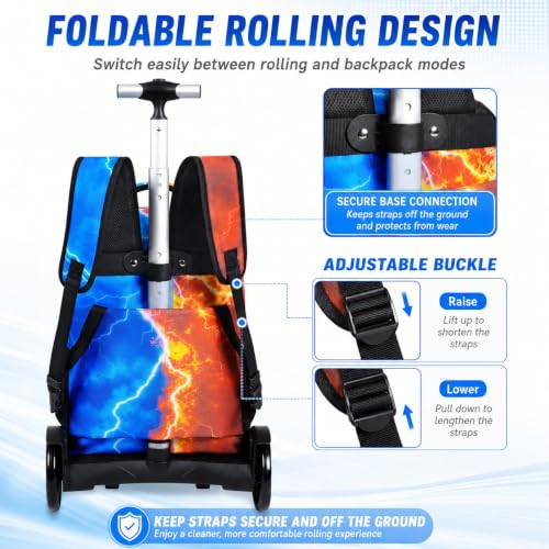 gxtvo Large Wheels & Quiet Glide | Rolling Backpack for Kids - Water-Resistant Wheeled Bag with Lunch Box for School, Travel & Outings - Fire & Lightning Baseball - color: Rolling Backpack Fire Lightning Baseball