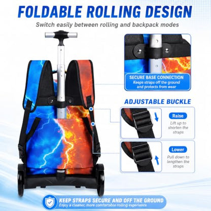 gxtvo Large Wheels & Quiet Glide | Rolling Backpack for Kids - Water-Resistant Wheeled Bag with Lunch Box for School, Travel & Outings - Fire & Lightning Baseball - color: Rolling Backpack Fire Lightning Baseball