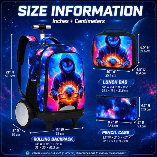 UFNDC Big Wheel Roller Bag, Water-Resistant Rolling Backpack for Boys with Lunch Box & Pencil Case, 3-Pack Kids Wheeled School Bookbag Travel Set - Devil Soccer - color: Rolling Backpack Devil Soccer Blue