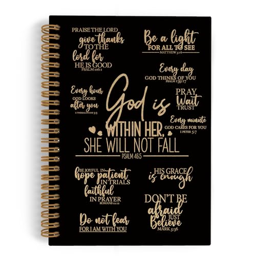 QLMX Black Gold Christian Prayer Spiral Notebook, Inspirational Religious Journal Notebook, Bible Notebooks for School Work, God Is Within Her She Will Not Fall Office Supplies Gifts, 5.5x8.3Inch - color: black, size: 5.5x8.3