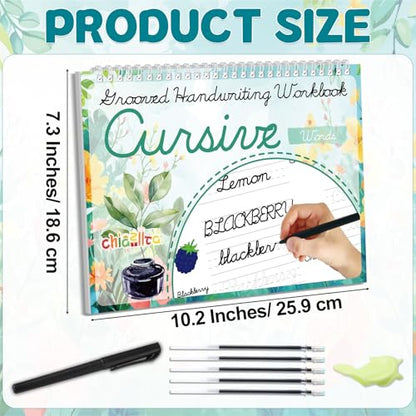 chiazllta 2 Pack Cursive Grooved Handwriting Workbooks Magic Grooved Cursive Reusable Writing Practice Copy Books with Disappearing Ink Pens for Beginners Learning Activities Supplies (Words&Sentence) - style: Words&Sentence